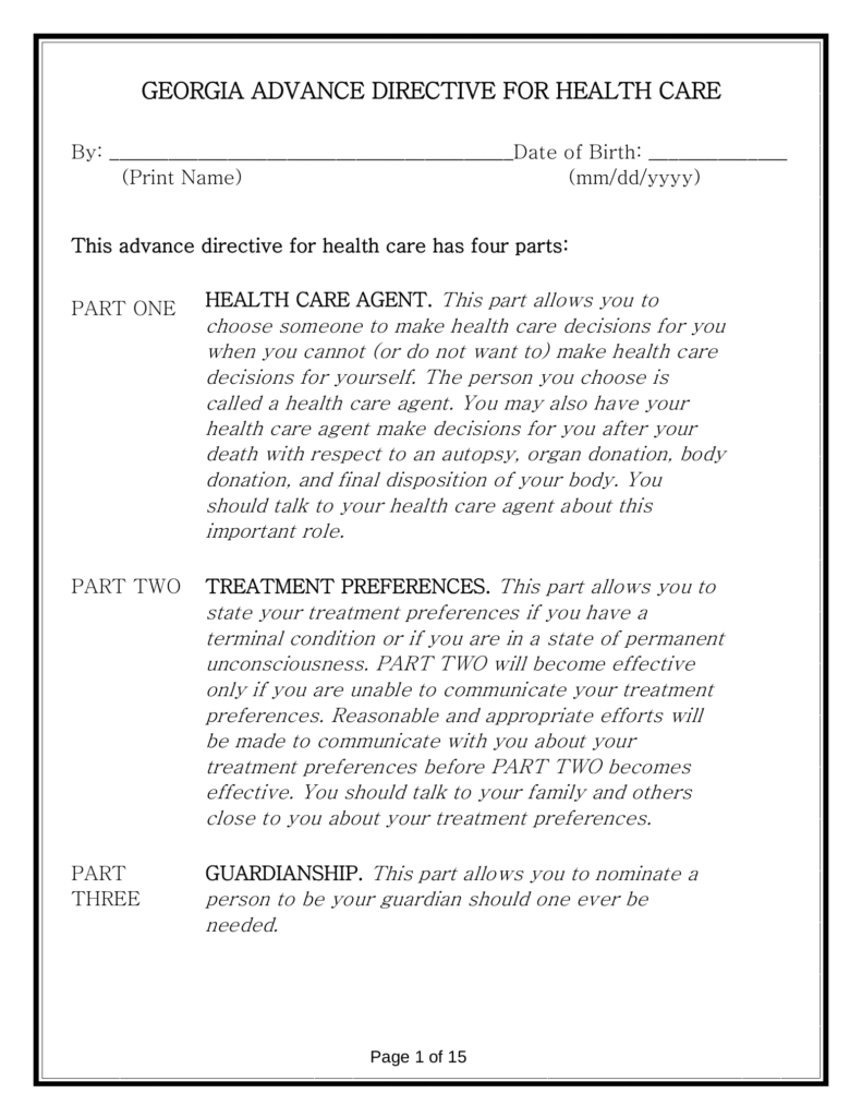 Free Georgia Advance Directive For Health Care Template PDF EForms