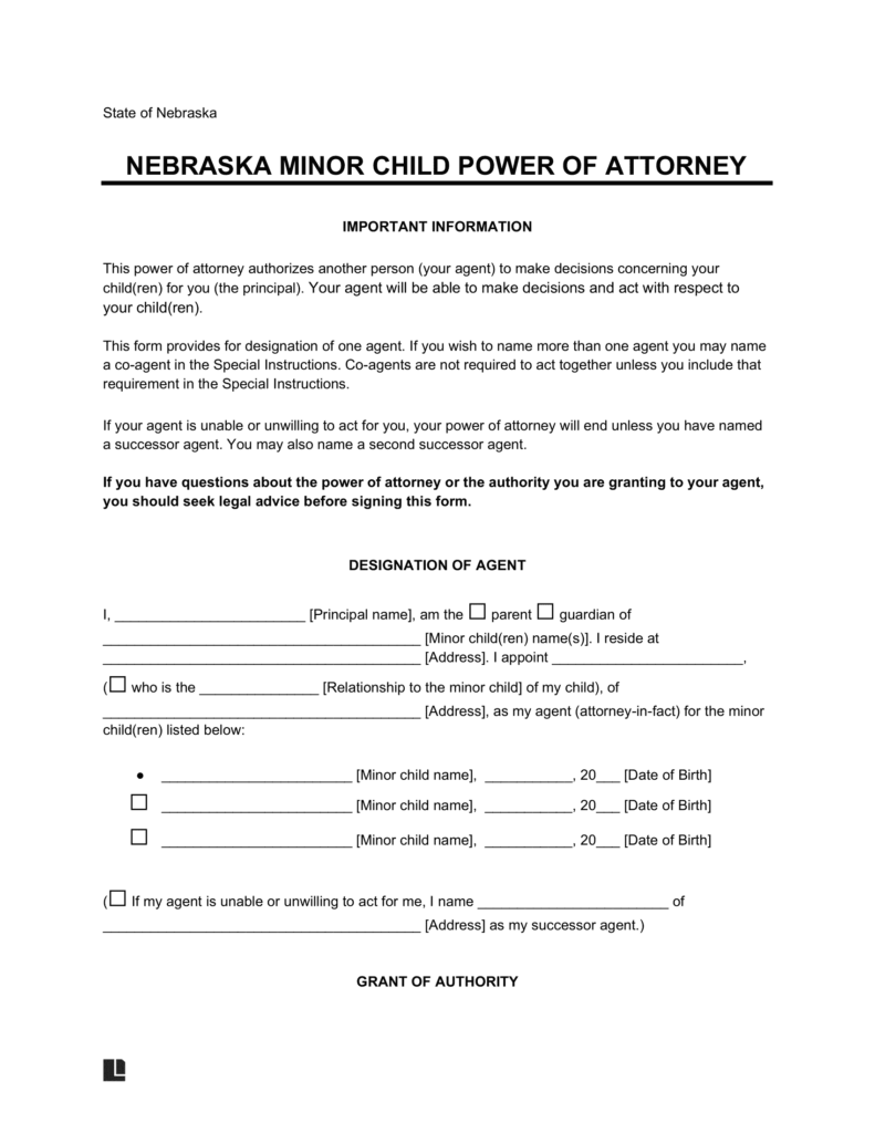 Free Nebraska Minor Child Power Of Attorney Form PDF Word