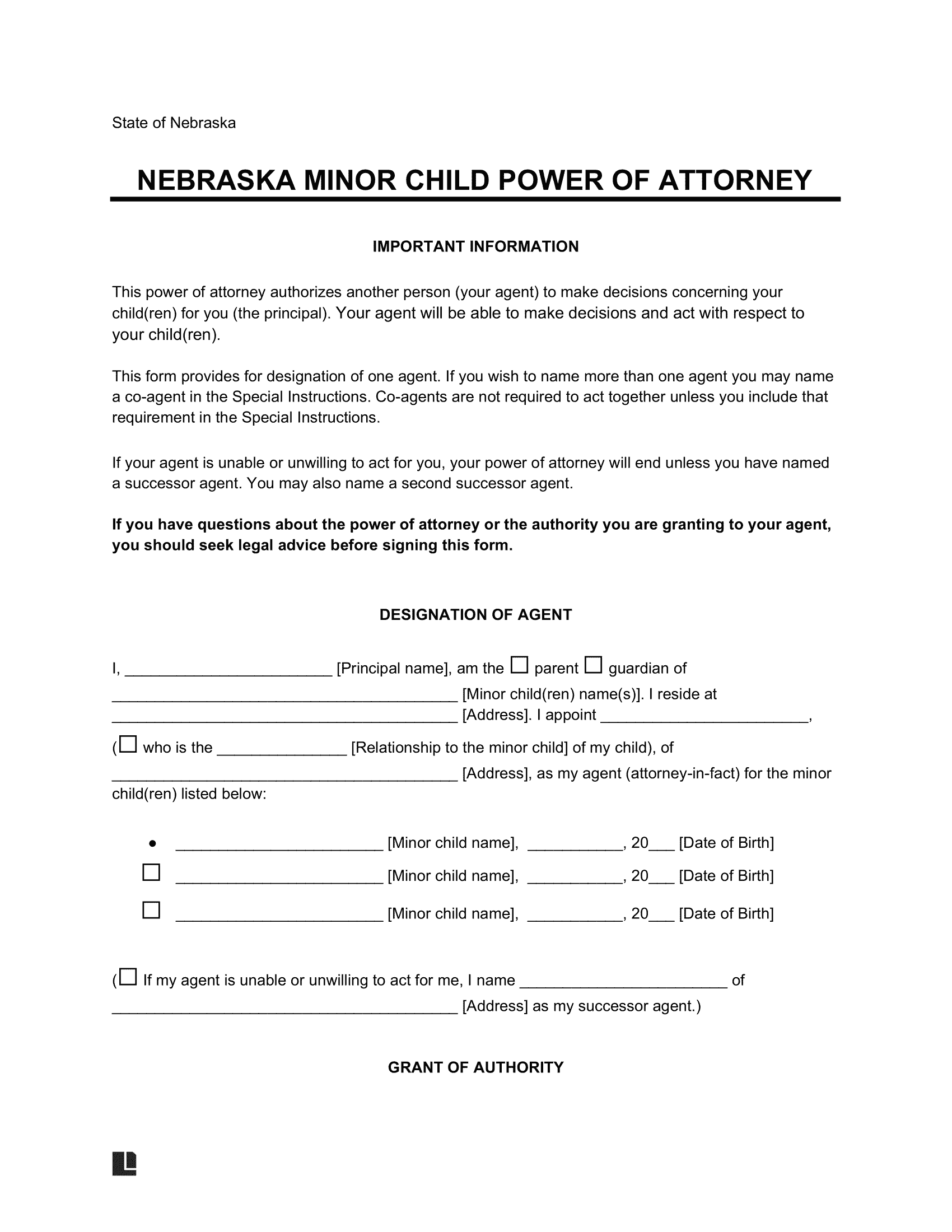Free Nebraska Minor Child Power Of Attorney Form PDF Word