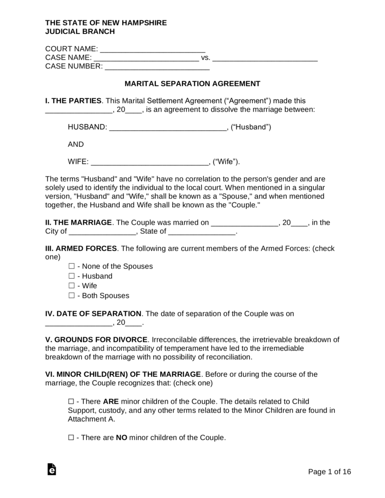 Free New Hampshire Custody Parenting Plan Agreement PDF EForms