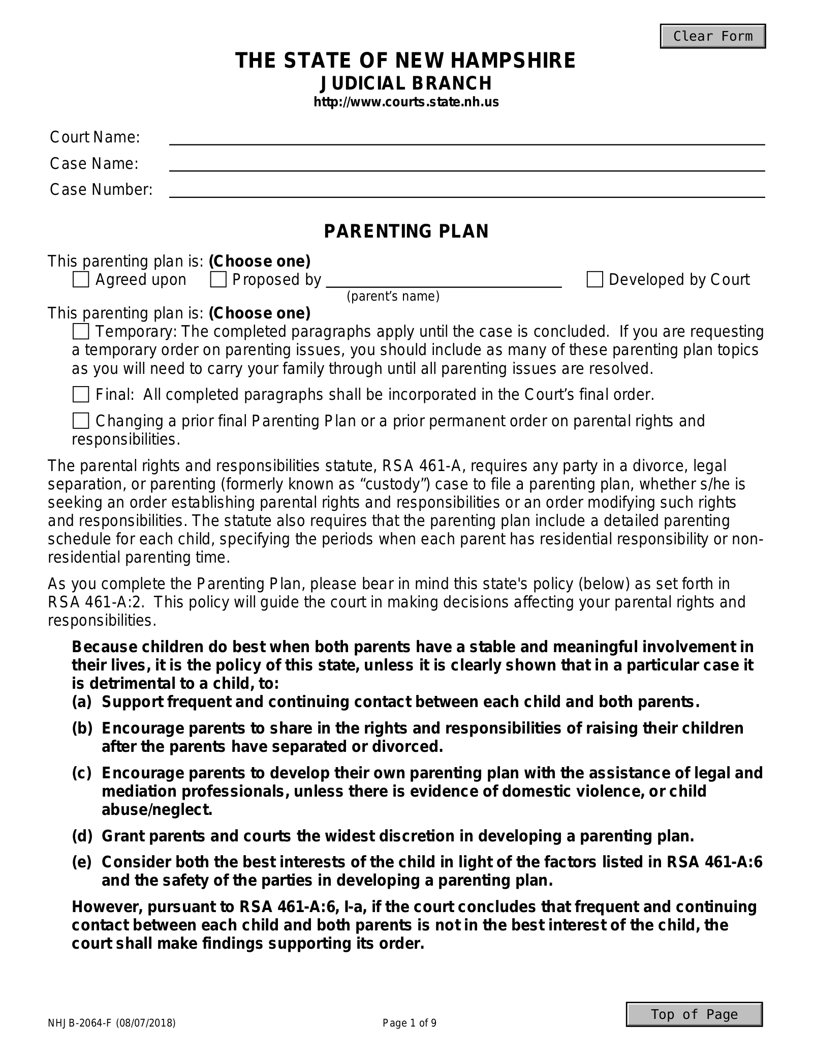 Free New Hampshire Custody Parenting Plan Agreement PDF EForms
