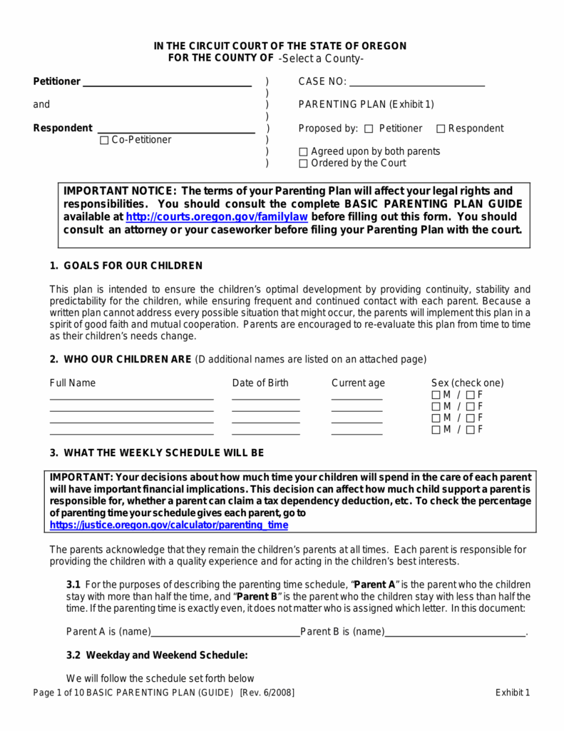 Free Oregon Custody Parenting Plan PDF EForms