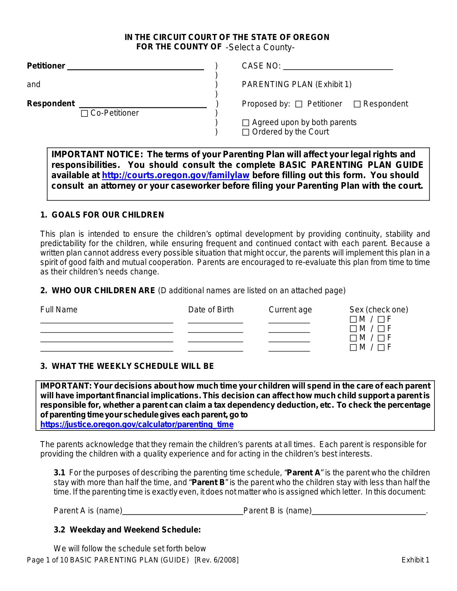 Free Oregon Custody Parenting Plan PDF EForms