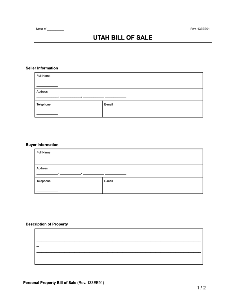 Free Utah Bill Of Sale Forms PDF Word