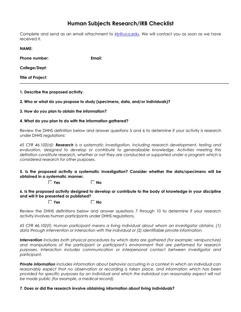 Human Subjects Research IRB Checklist