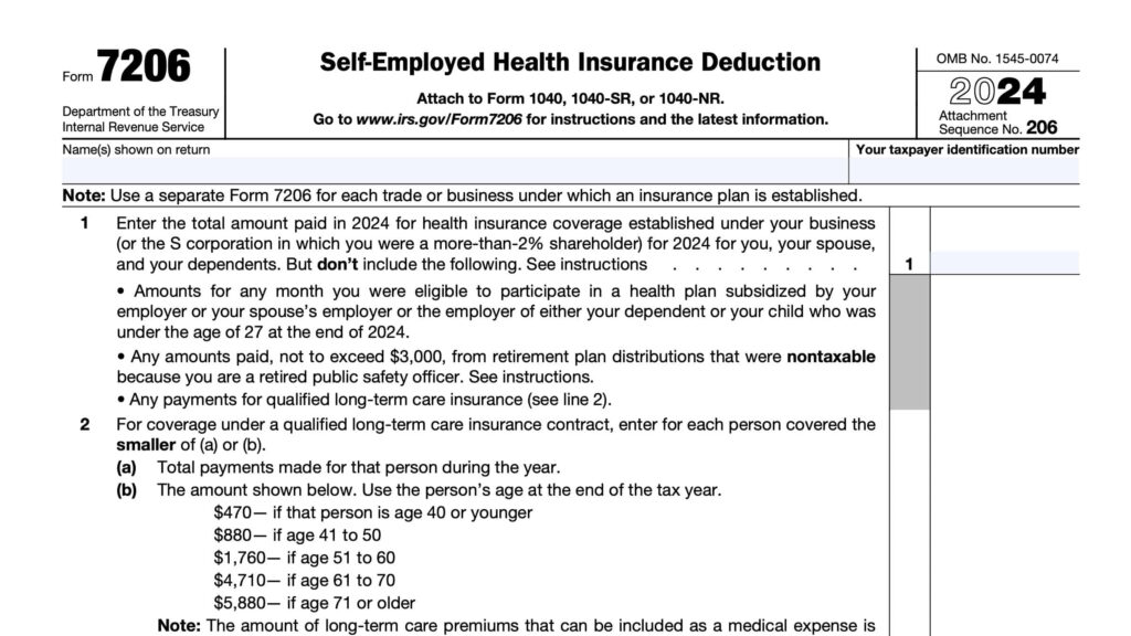 IRS Form 7206 Instructions Self Employed Health Insurance