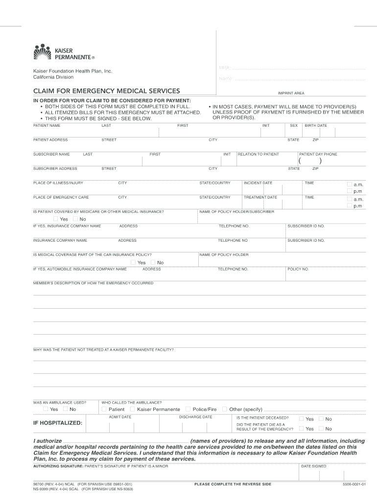 Kaiser Claim Form Fill Online Printable Fillable Blank PdfFiller