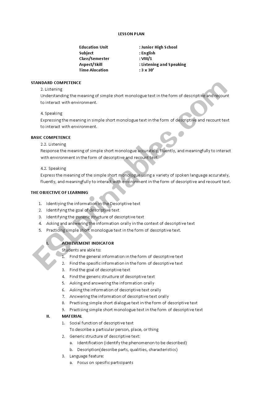 Lesson Plan Of Listening And Speaking ESL Worksheet By Anggunzae