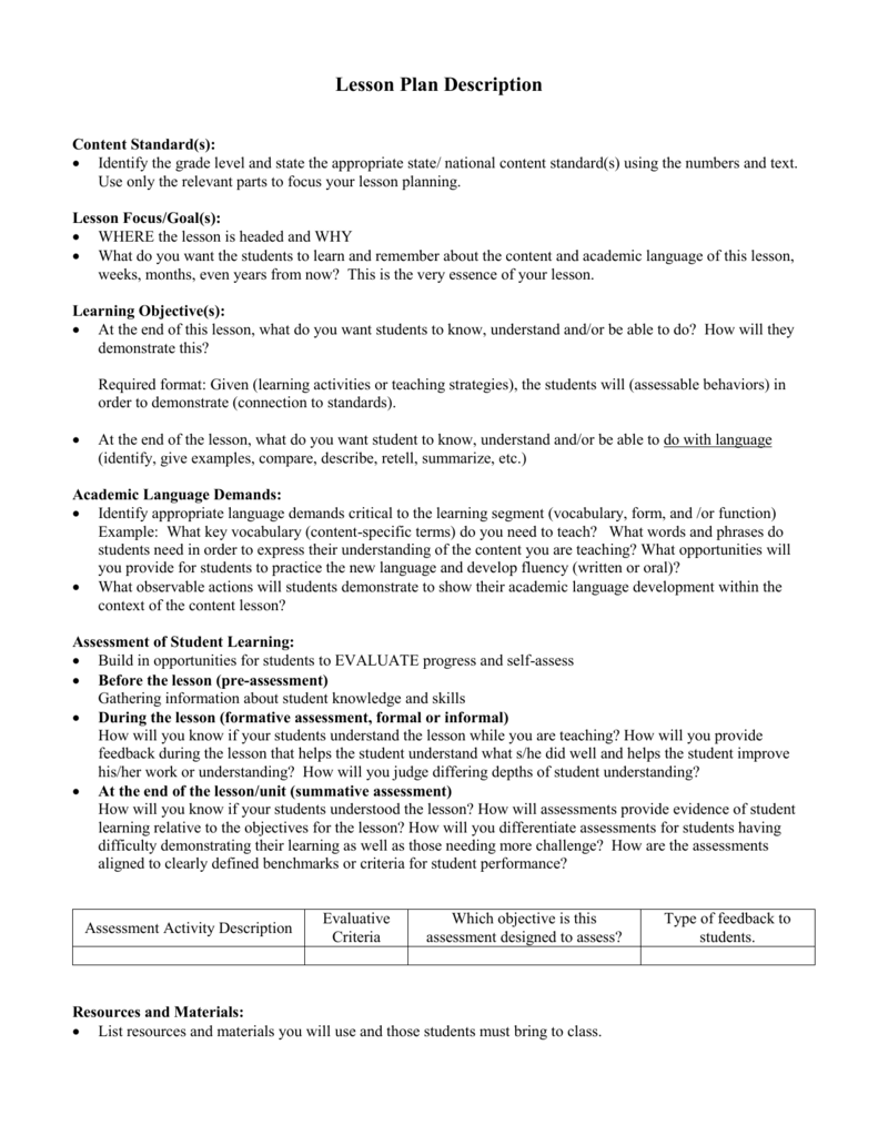 Lesson Plan Template Education Teaching