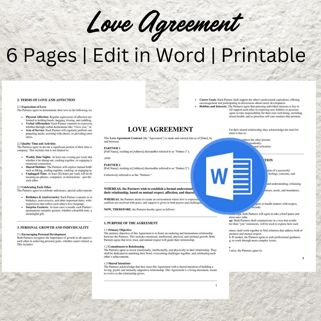 Love Agreement Template Editable Couples Commitment Contract Printable Relationship Blueprint Plan For Harmony And Growth PDF Etsy