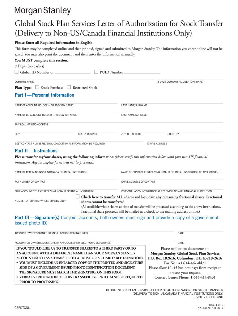 Morgan Stanley Global Stock Plan Services Letter Of Authorization For Stock Transfer Form Fill Out Sign Online DocHub