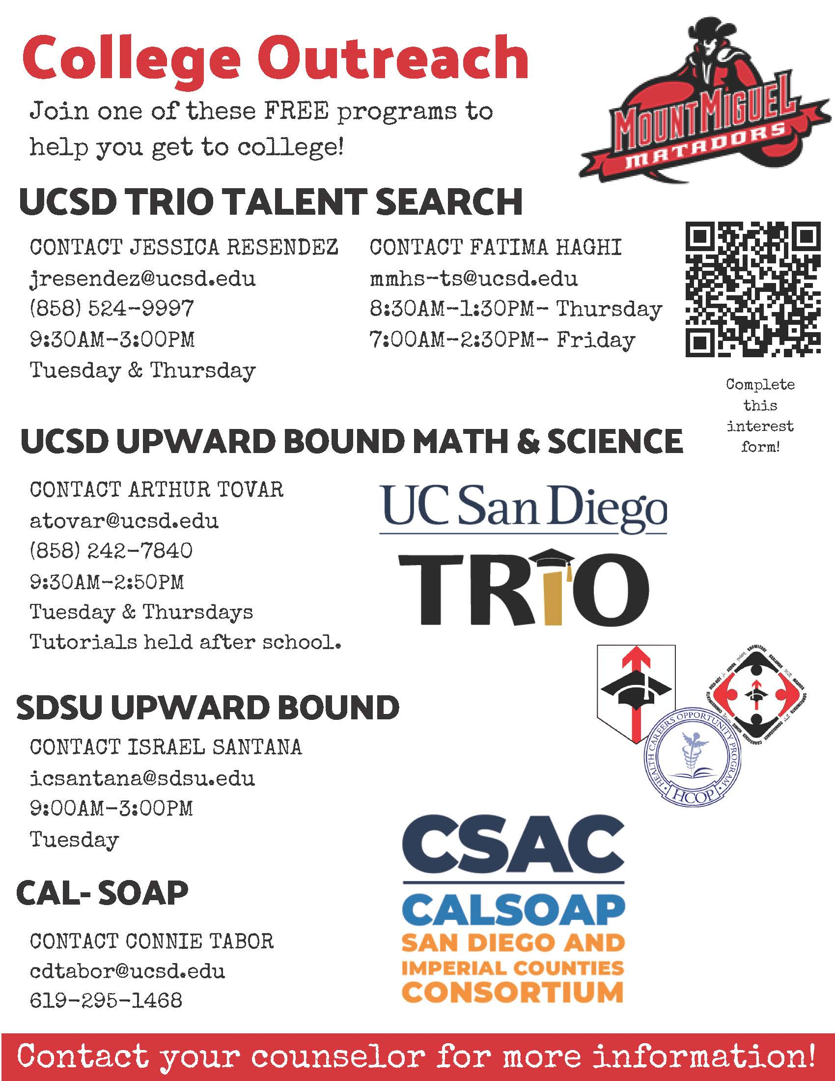 Mount Miguel High School College Outreach Schedule Mount Miguel High School College Outreach Schedule