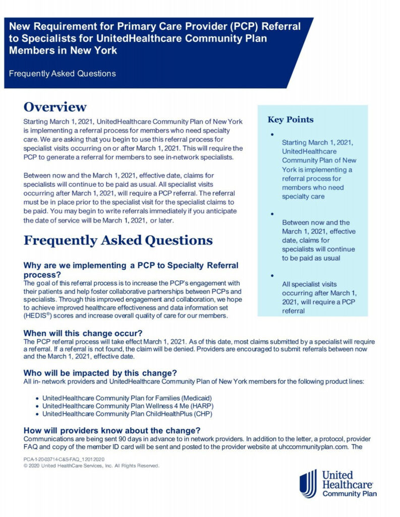 New Requirement For Primary Care Provider PCP Referral To Specialists For UnitedHealthcare Community Plan Members In New York FAQs