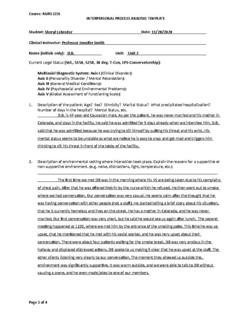 NURS 223L Interpersonal Process Analysis Template INTERPERSONAL PROCESS ANALYSIS TEMPLATE Studocu