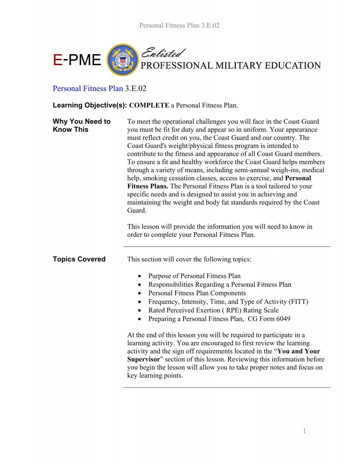 Personal Fitness Plan 3 E 02 U S Coast Guard