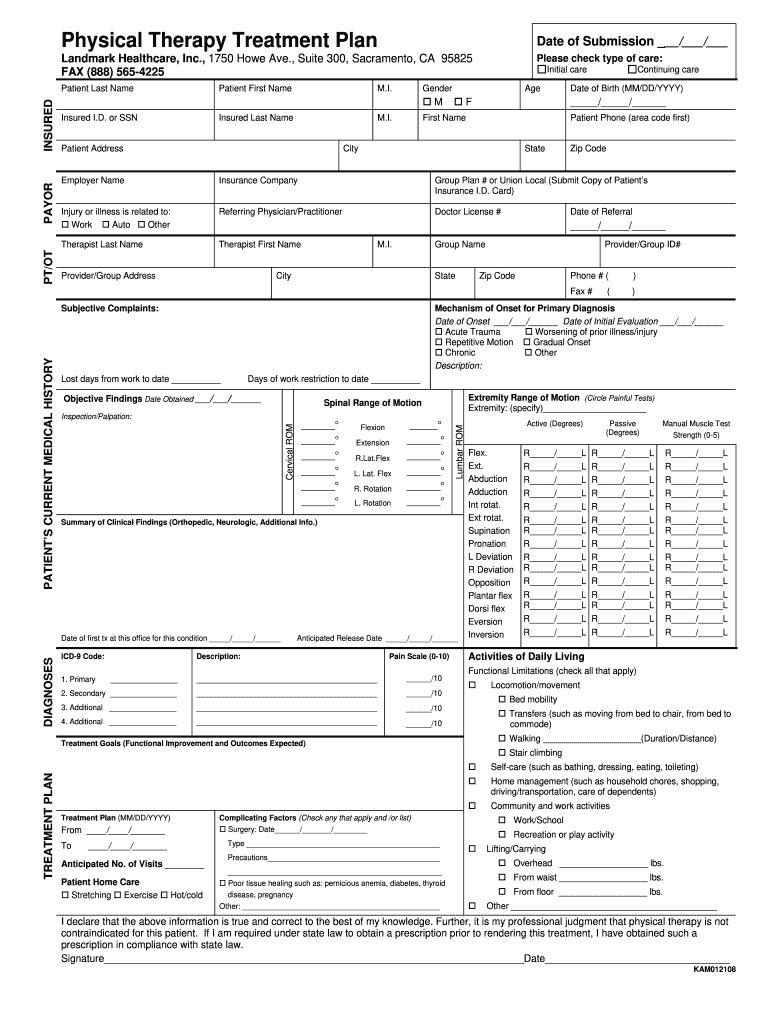 Physical Therapy Treatment Plan Template Fill Out Sign Online DocHub