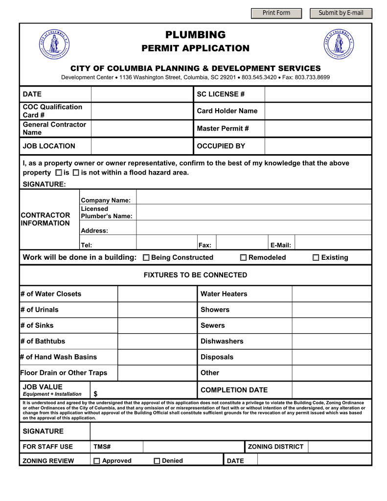 PLUMBING PERMIT APPLICATION CITY OF COLUMBIA PLANNING amp DEVELOPMENT SERVICES