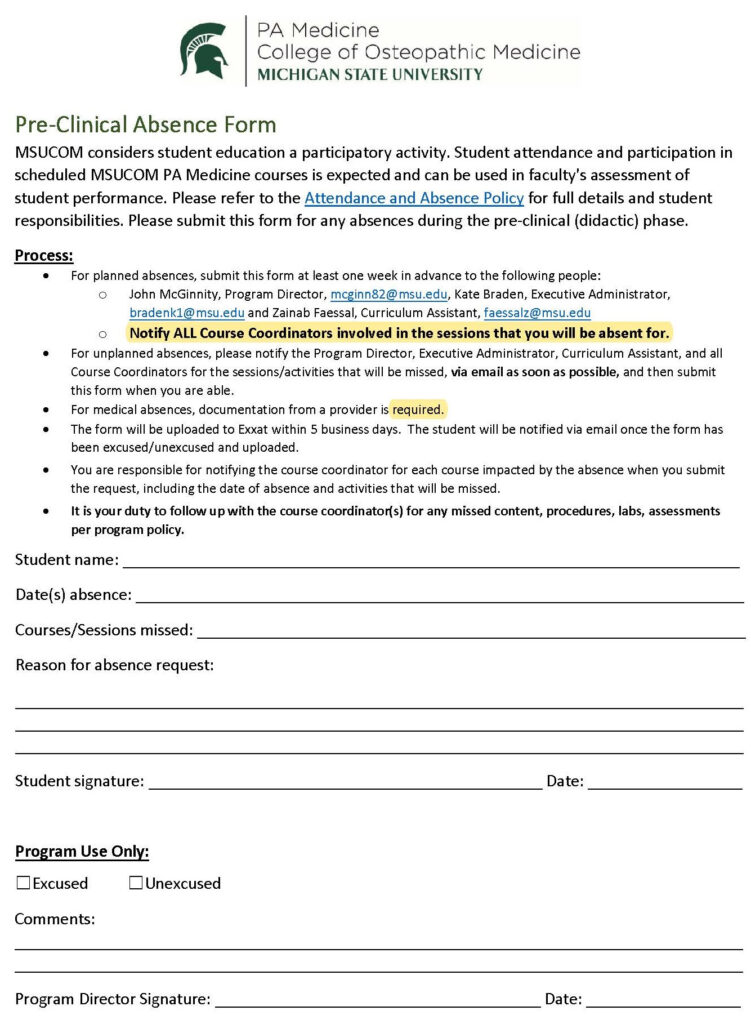 Pre Clinical Absence Request Form PA Medicine