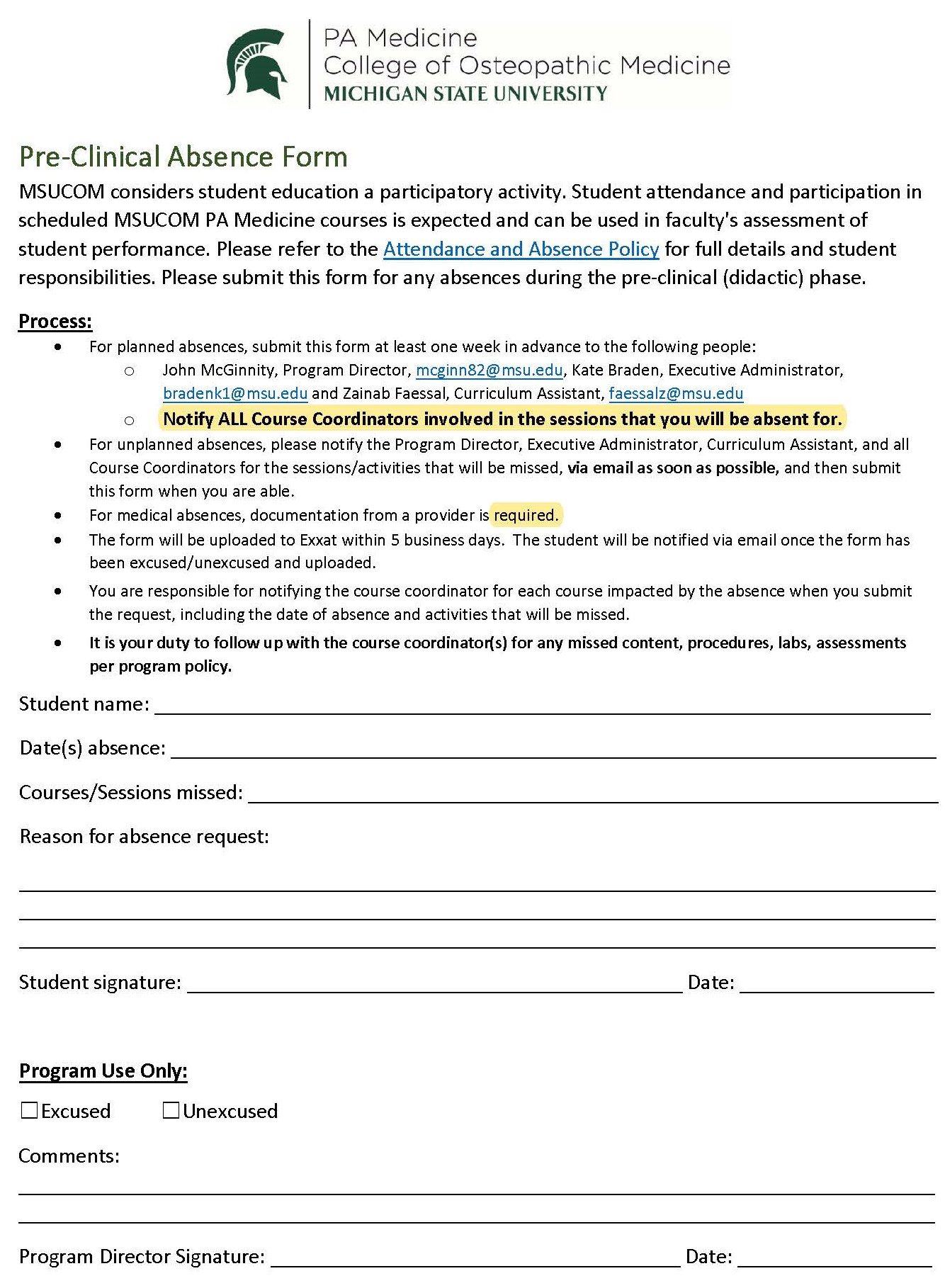 Pre Clinical Absence Request Form PA Medicine