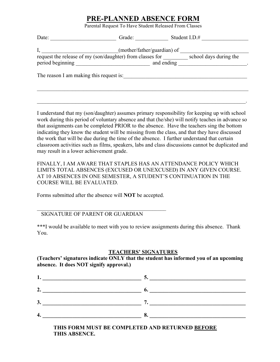 Pre planned Absence Form Fill Out Sign Online And Download PDF Templateroller
