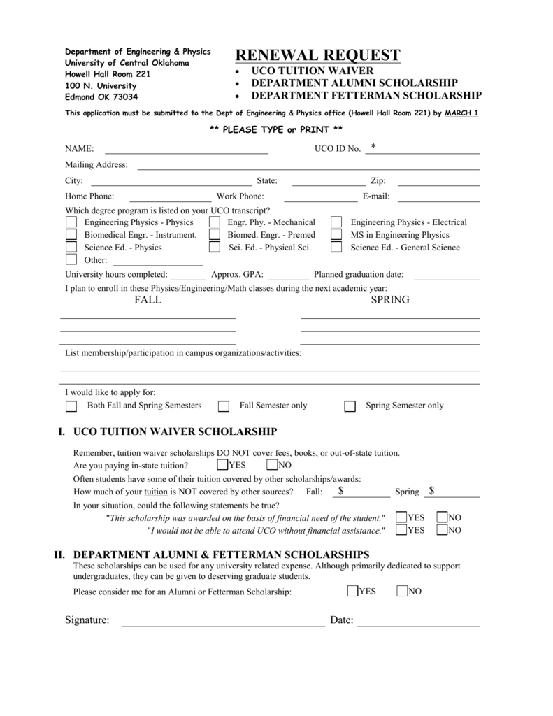 RENEWAL REQUEST University Of Central Oklahoma