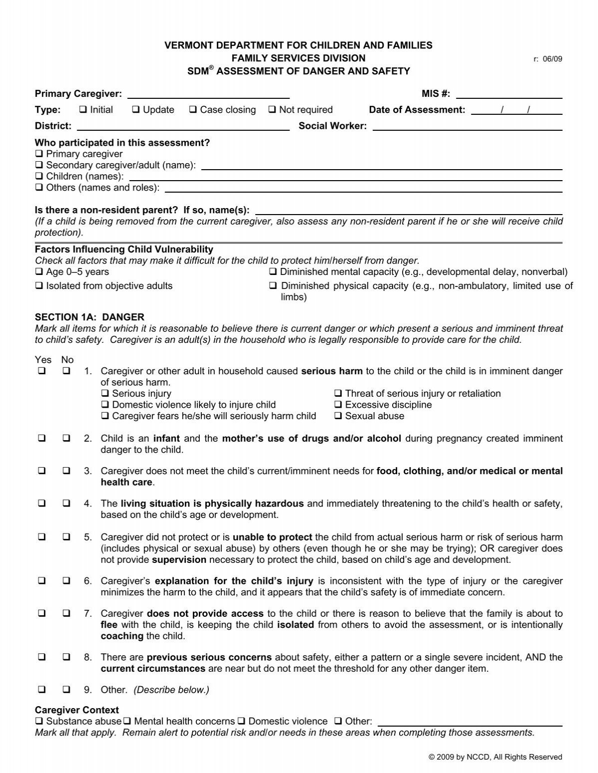SDM Assessment Of Danger And Safety Tool Department For