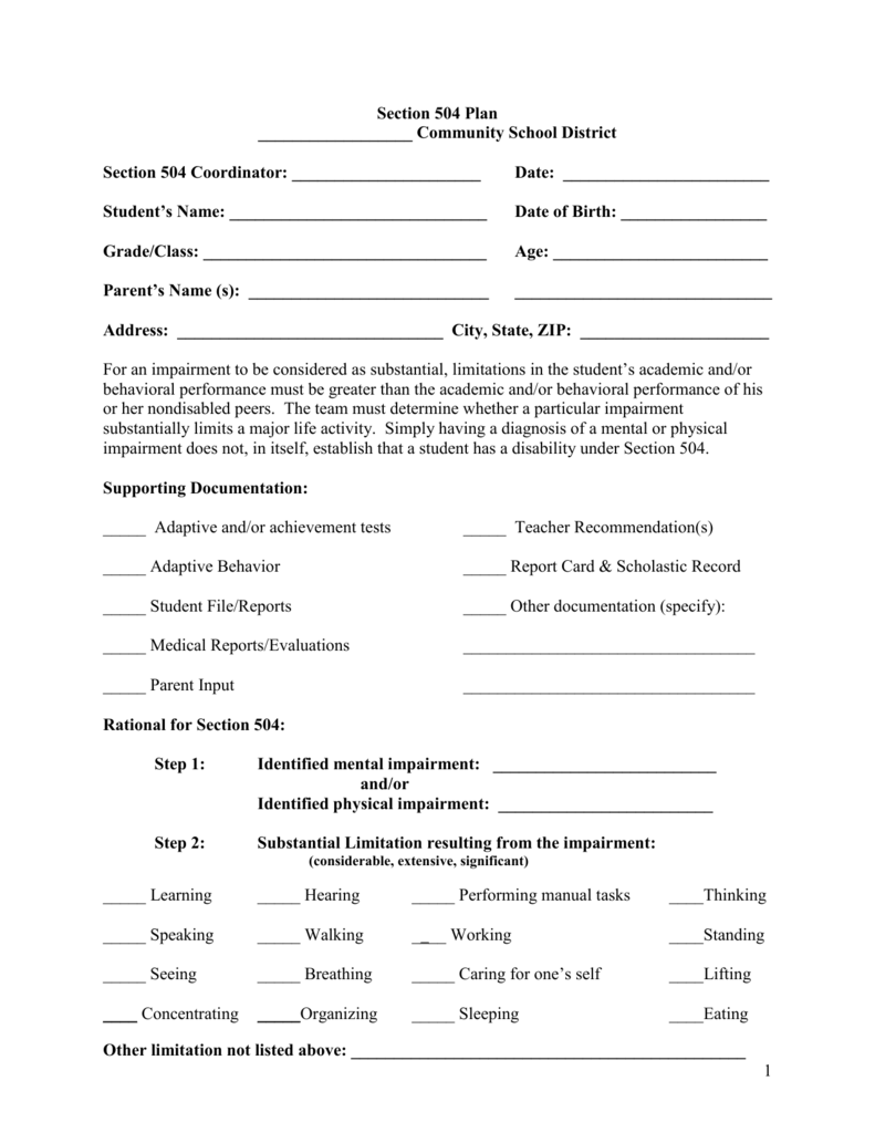 Section 504 Plan Template For Student Disability Accommodations