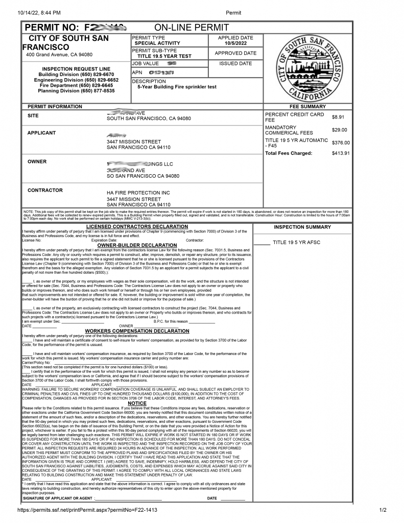 South San Francisco Title 19 Sprinkler Permit