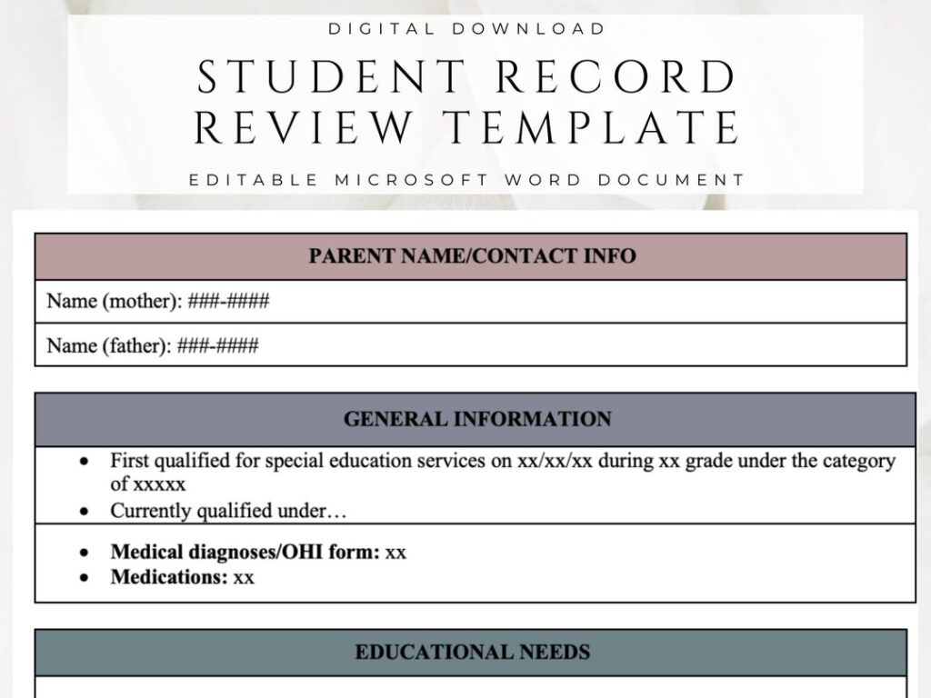 Student Record Review Editable Template Microsoft Word Special Education Background Info IEP School Psychologist Case Manager Etsy
