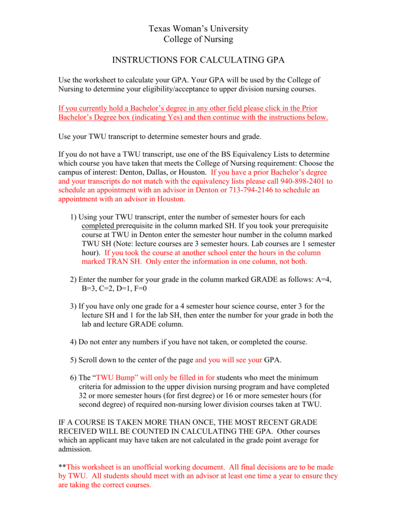 TWU Nursing GPA Calculation Instructions