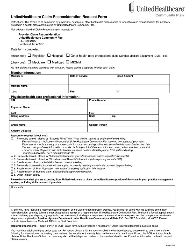 Uhc Reconsideration Form Fill Out Sign Online DocHub