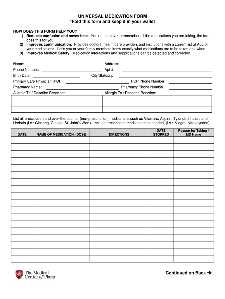 Universal Medication Form Printable Fill Online Printable Fillable Blank PdfFiller