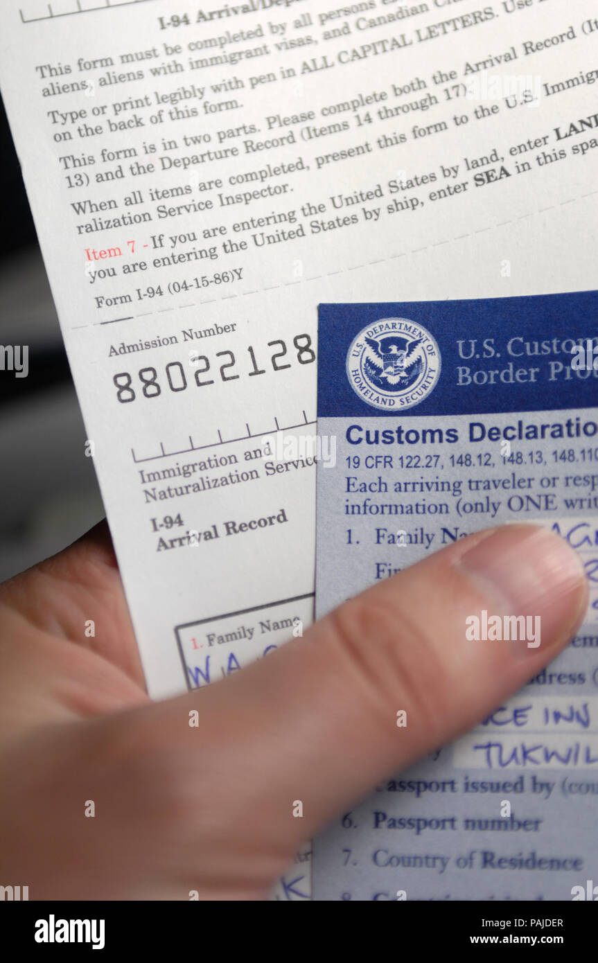 US Immigration And Customs Forms US Customs And Border Protection Documents Enroute LGW MSP On Flight number NW43 Stock Photo Alamy