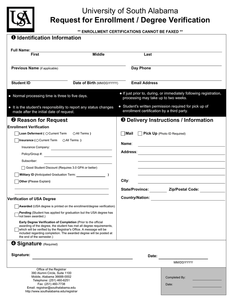 USA Enrollment Degree Verification Request Form