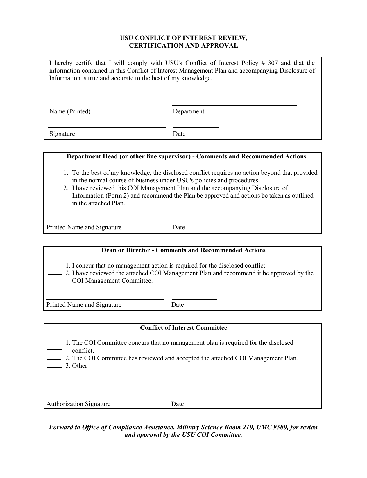 USU Conflict Of Interest Review Management Plan Form