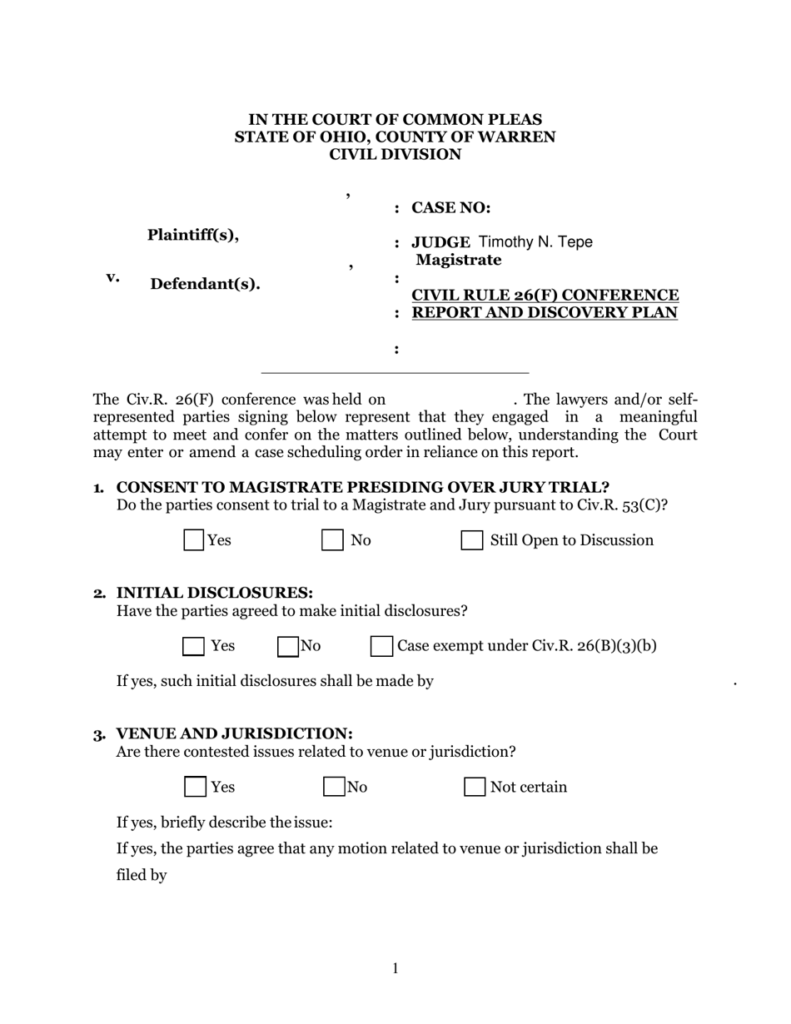 Wake County Ohio Civil Rule 26 F Conference Report And Discovery Plan Fill Out Sign Online And Download PDF Templateroller