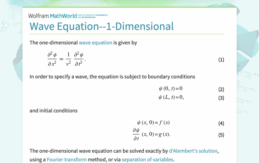 Wave Equation 1 Dimensional From Wolfram MathWorld